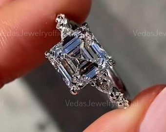 2.5CT Asscher Cut Moissanite Engagement Ring: Pear & Round Side Stone Hidden Halo, 14k Gold