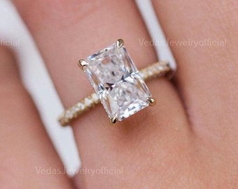 3 CT Radiant Cut Moissanite Engagement Ring, Radiant Cut Engagement Ring, Radiant Cut Solitaire Engagement Ring, Hidden Halo, Gift For Her