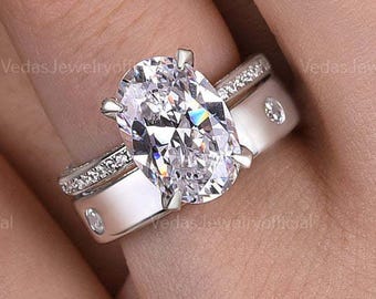 3.5 CT Unique Oval Cut Moissanite Bridal Set Engagement Ring Gift For Her Promise Ring Wedding Set Eternity And Plain Band Set Ring For Gift