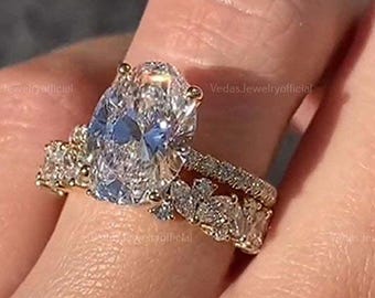 Oval Moissanite Engagement Ring Set, Bridal Ring Set, 14K Gold, Oval Solitaire Ring & Unique Marquise Moissanite Band Wedding Set For Women