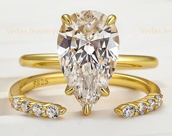 3CT Pear Shaped Moissanite Engagement Ring Set Womens Solid 14K Yellow Gold Solitaire Ring Set, 2pcs Wedding Set, Gold Bridal Ring Set,