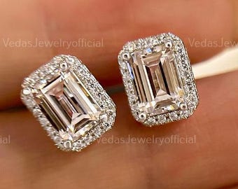 3.00 TCW Emerald Cut Colorless Moissanite Halo Earrings Push Back/Screw Back Earrings Wedding Stud Earrings for Women Anniversary Gift