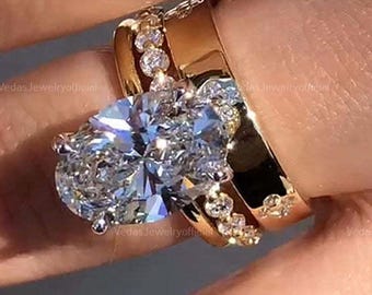 4 CT Oval Cut Moissanite Engagement Ring Set 14K Gold Bridal Ring Set For Her Wedding Ring With Round Flush Set Matching Band Women Gift