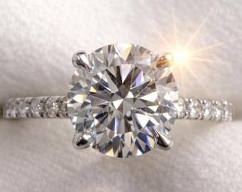 2.45ct Round Cut Moissanite Engagement Ring, Unique Pave Wedding Ring, 4 Prongs Solitaire Ring, Vintage Ring, Invisible Halo ring