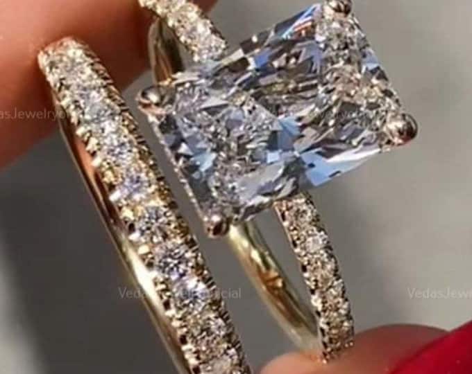 Featured listing image: 3 CT Radiant Cut Moissanite Wedding Ring Set, Unique Hidden Halo Bridal Ring Set, Bridal Ring With Single Band, Pave Ring Set Gift For Her