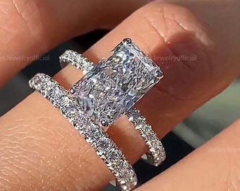 3 CT Radiant Cut Moissanite Wedding Ring Set, Unique Hidden Halo Bridal Ring Set, Bridal Ring With Single Band, Pave Ring Set Gift For Her