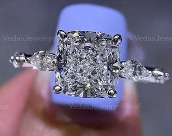 3 CT Cushion Cut Moissanite Engagement Ring: Pave Hidden Halo, Sterling Silver