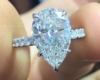3 CT Pear Cut Moissanite Engagement Ring Anniversary Gift Hidden Halo Ring 14K White Gold Pave Setting Ring Christmas Gift For Her