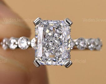 2.5ct Radiant Cut Moissanite Engagement Ring, Pave & Hidden Halo Bridal Ring, Classic Prongs Wedding Gift for Her