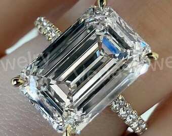 Lab Grown Emerald Cut Engagement Ring, 3.5 CT Emerald Diamond Wedding Ring, Hidden Halo Ring, Pave Set Ring, Diamond Ring For Women