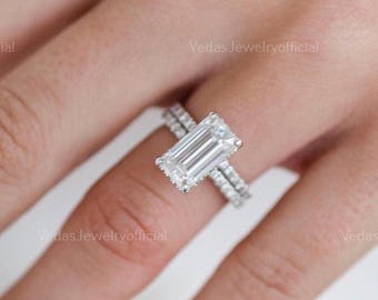 Hidden Halo 12X6 Elongated Emerald Cut Solitaire Engagement Ring, Emerald Cut Engagement Ring, 3 Ct Solid 14k Moissanite Engagement Ring
