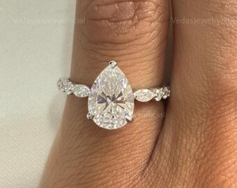 2 Ct Pear Shaped Moissanite Engagement Ring, Pear Solitaire Ring With Marquise Accent Ring, Invisible Hidden Halo Moissanite Ring