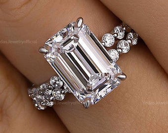 3.30CT Emerald Cut Moissanite Engagement Ring Set,Unique Bridal Ring Set,Emerald Solitaire Diamond Anniversary Ring,Promise Wedding Ring Set