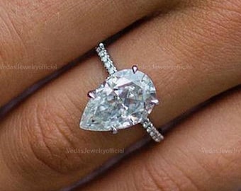3CT Pear Shape Moissanite Engagement Ring Pear Cut Hidden Halo Ring Tear Drop 14K White Gold Pave Setting Ring Anniversary Gift