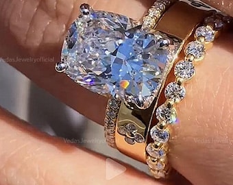 3.5 Ct Cushion Cut Moissanite Wedding Ring Set, Cushion Cut 14K Yellow Ring Set, 14K Gold Engagement Ring set, Sterling Silver Bridal Set