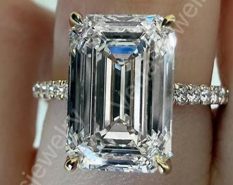 Lab Grown Emerald Cut Engagement Ring, 3.5 CT Emerald Diamond Wedding Ring, Hidden Halo Ring, Pave Set Ring, Diamond Ring For Women
