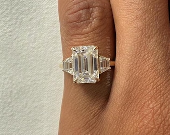 3.00 Ct Emerald Cut Moissanite Engagement Ring - Elegant Three Stone Ring for Proposals, Wedding, Bridal Gift