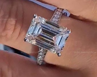 3CT Emerald Cut Moissanite Engagement Ring, Hidden Halo Engagement Ring, Claw Prongs Ring, Anniversary Gift Ring, Bridal Wedding Ring
