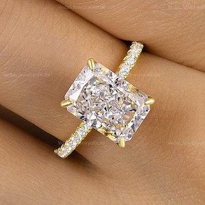 3CT Radiant Cut Moissanite Engagement Ring, Stunning Pave Diamond Hidden Halo, Perfect Anniversary Promise Ring for Her