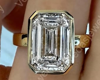 4 Carat E-VVS2 Emerald Cut Lab Grown Diamond Bezel Set Solitaire Engagement Ring in 14k Yellow Gold / Stylish IGI Certified Engagement Ring