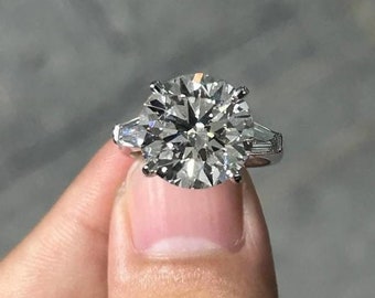 3 Carat Round Brilliant Lab Grown Diamond Ring, Art Deco Three Stone Baguette Diamonds, Engagement Ring for Special Occasions