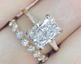 Radiant Moissanite Bridal Ring Set, 14K White Gold Halo Anniversary Ring Set, Radiant Colorless Proposal Ring Set For Women, Handmade Gift