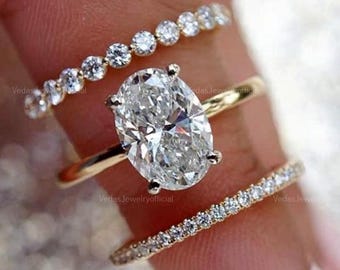 3 CT Unique Oval Cut Moissanite Bridal Set Engagement Ring Gift For Her Promise Ring Wedding Set Eternity And Plain Band Set Ring For Gift