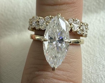 2 CT Elongated Cushion Cut Moissanite Engagement Ring Set 14K Solid Gold Anniversary Ring Set Full Eternity Round Cut Band Wedding Ring Set