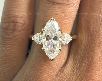3 CT Marquise Cut Colorless Moissanite Engagement Ring Trilogy Wedding Ring Three Stone Ring Heart Side Stone Classy Anniversary Ring