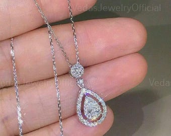 IGI Certified 1.00 CT Pear Lab Grown Diamond 14K Gold Halo Pendant