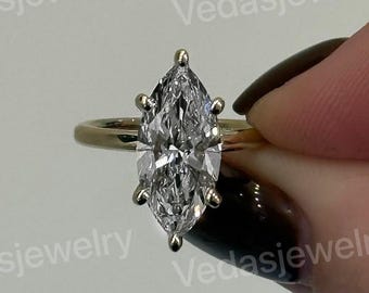 E Color VS1 Clarity IGI Certified 1.5 Carat Marquise Cut Lab Grown Diamond Solitaire Hidden Halo Engagement Ring 14k Yellow Gold 6 Prongs