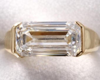 Emerald Cut Moissanite Engagement Ring, 1.90 CT Low Set Solitaire, Men & Women’s Wedding Band in 14k Yellow Gold,Unique Gift for Anniversary