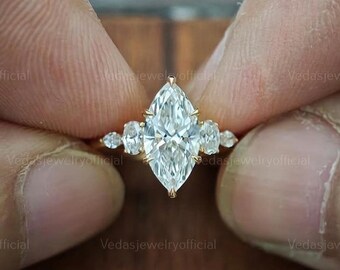 Marquise Diamond Engagement Ring Genuine Lab Grown Diamond Anniversary Ring Unique Proposal Ring for Her Six Claw Prong Setting Ring Gift
