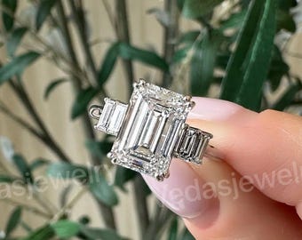 3 CT Emerald Cut Baguette Lab Grown Diamond Ring, Unique Five Stone Engagement Ring, CVD Diamond 14K Solid Gold Wedding Ring For Woman