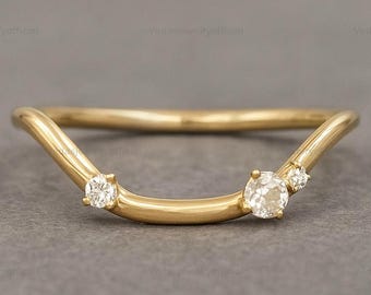 Round Moissanite Wedding Band Solid Gold Rings Unique Moissanite Stacking Ring Custom Ring Curved Wedding Ring Personalized Gifts For Women