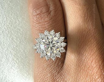 Sunflower Round Moissanite Engagement Ring – Vintage Solid Gold Proposal Ring, Unique Promise Ring, Anniversary Birthday Gift for Her