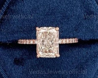 Radiant Cut Moissanite Engagement Ring with Hidden Halo, Anniversary Gift for Her, Timeless Radiant Cut Moissanite Engagement Ring