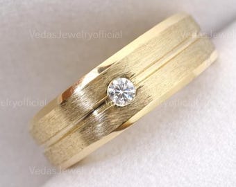 6mm Men’s Diamond Wedding Band, Flush Set Beveled Edge Ring, 10K 14K 18K Gold Modern Wedding Band for Him