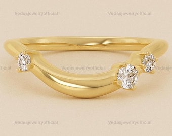 Unique moissanite curved wedding band Vintage yellow gold diamond wedding band Dainty women matching ring Stacking band Promise band