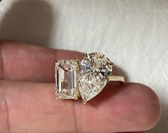 Emerald Pear Cut Diamond Toi Et Moi Wedding Ring for Her, 2 Stone Engagement Ring, Certified Lab Grown Diamond Ring, Anniversary Gift Ring