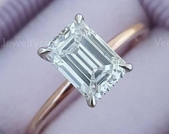 3 Ct Emerald Cut Moissanite Engagement Rings Two Tone Engagement Rings Emerald Cut Solitaire Ring Hidden Halo Rings Gold Engagement Rings