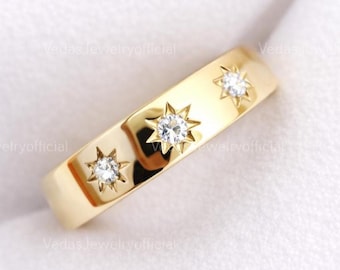Diamond Starburst Wedding Band in 14K Gold, Engraved Star Diamond Stacking Ring, Stackable Celestial Wedding Band for Women