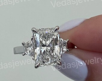 3.0 CT Radiant Cut Lab Grown Diamond Engagement Ring: 18k White Gold Three Stone