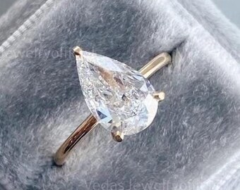 3ct Pear Shaped Moissanite Engagement Ring, 3 Prong Solitaire Thin Band, 14K Yellow Gold Bridal Ring, Perfect Wedding Gift