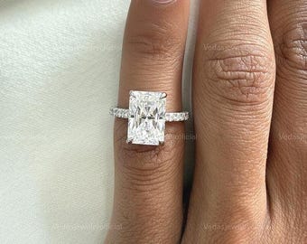Elongated 3 CT Radiant Cut Moissanite Engagement Ring, Solitaire Wedding Ring, Hidden Halo Ring, Half Eternity Ring, Anniversary Gifts/Ring