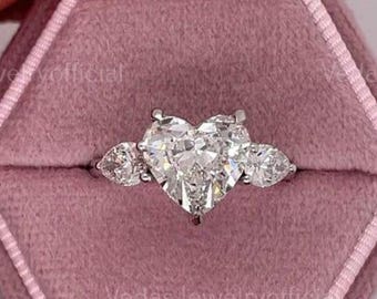 2.50 CT Heart Cut Moissanite Diamond Ring, Stunning Three Stone Engagement Ring with Pear Sides for Her Anniversary Gift