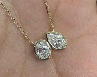 Toi et Moi Lab Grown Diamond Necklace – 14K Gold Oval & Pear Cut 2.11 ctw Pendant, Unique Birthday Gift, Romantic Jewelry for Her