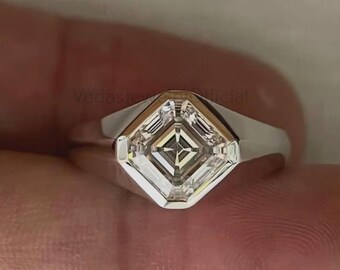 IGI Certified Asscher Cut Lab Grown Diamond Solitaire Men's Ring, 14K White Gold Bezel Set Engagement Ring, Anniversary Gift For Him