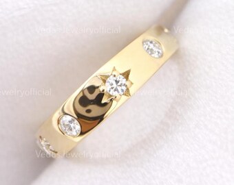 14K Gold Diamond Starburst Eternity Ring, Multi Star Diamond Band, Solid Gold Full Eternity Wedding Ring, Celestial Stars Ring for Women