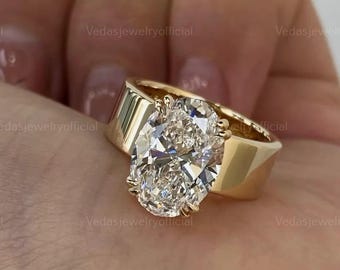3ct Oval Cut Lab Grown Diamond Engagement Ring, Double Prong Solitaire Ring, 14K Yellow Gold Wide Band, Anniversary Wedding Ring Gift